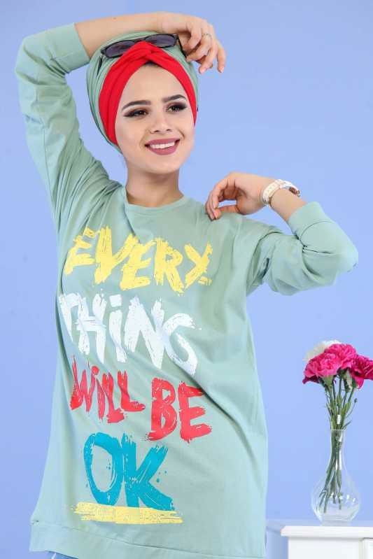 Düz Orta Kadın Yeşil Baskılı Tunik Siyah  - 6806