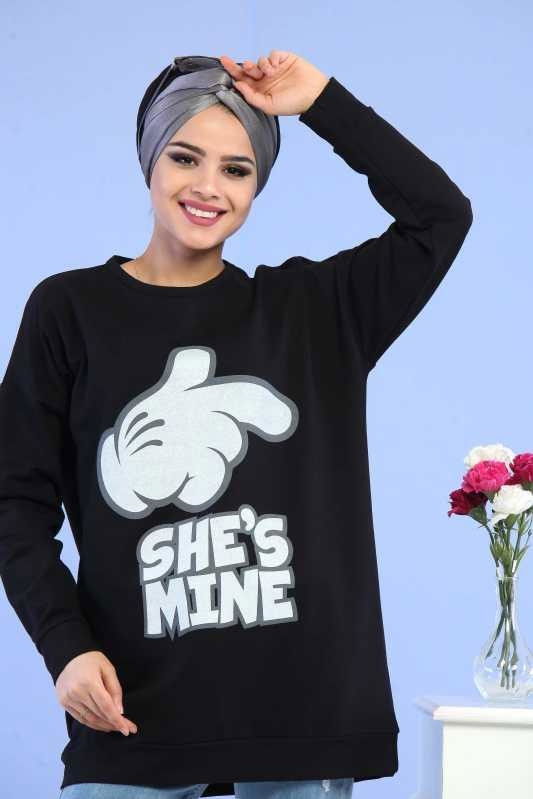 Düz Orta Kadın Siyah Baskılı Tunik Siyah  - 5099
