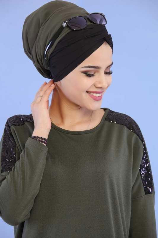 Düz Orta Kadın Haki Pul Detay Tunik Siyah 02 6808 - 6808 HAKİ