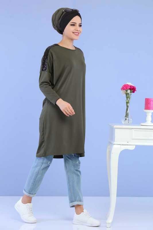 Düz Orta Kadın Haki Pul Detay Tunik Siyah 02 6808 - 6808 HAKİ