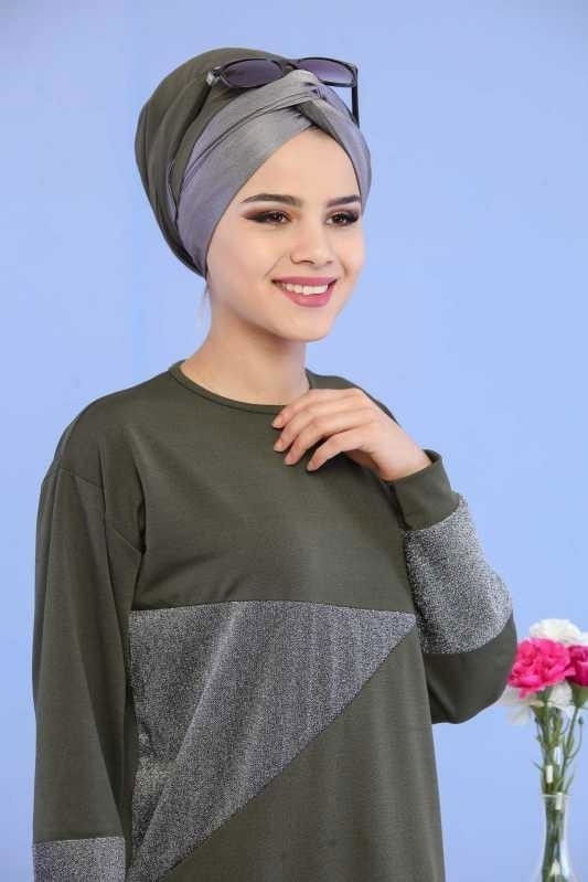 Düz Orta Kadın Haki Sim Detay Tunik Siyah  - 6809 HAKİ