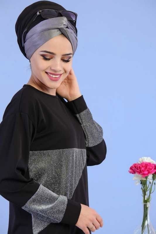 Düz Orta Kadın Siyah Sim Detay Tunik Siyah  - 6809