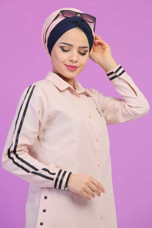 Düz Orta Kadın Pembe Şeritli Tunik Siyah  - 6818 PEMBE
