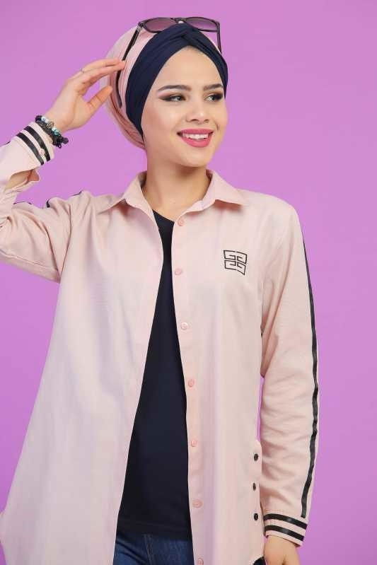 Düz Orta Kadın Pembe Şeritli Tunik Siyah  - 6818 PEMBE
