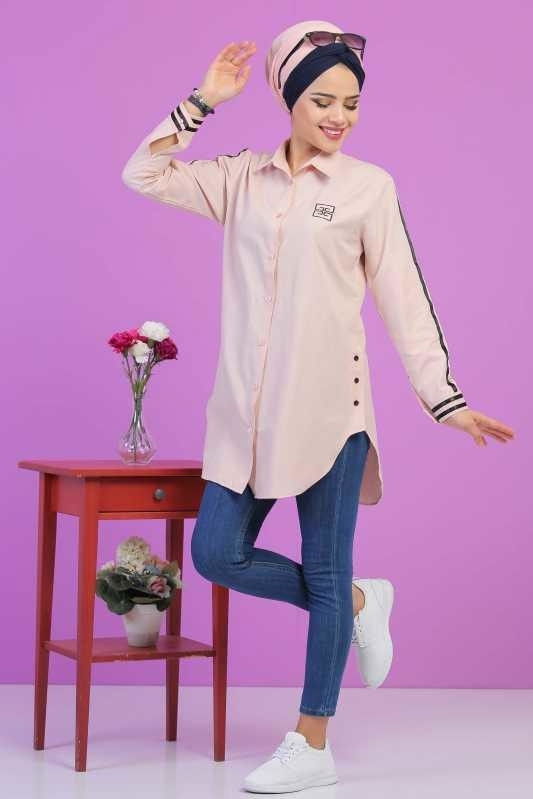 Düz Orta Kadın Pembe Şeritli Tunik Siyah  - 6818 PEMBE