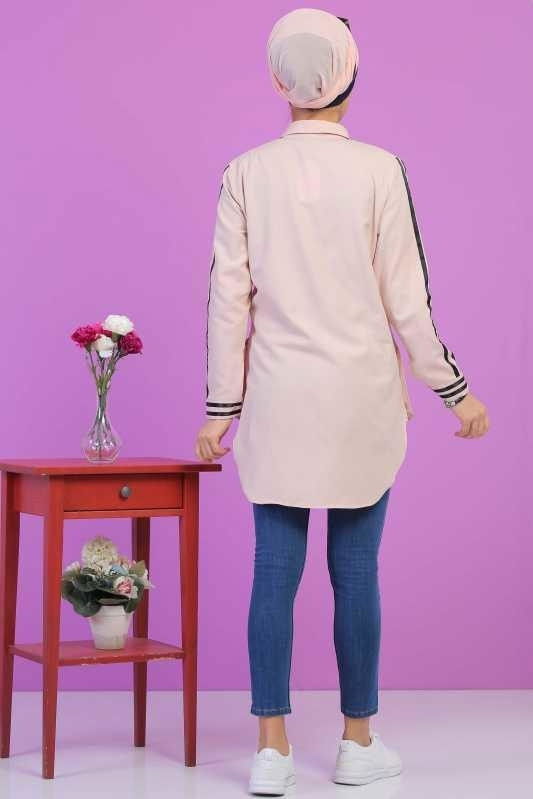 Düz Orta Kadın Pembe Şeritli Tunik Siyah  - 6818 PEMBE