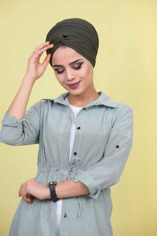 Düz Orta Kadın Yeşil Çizgili Tunik Siyah  - 6773 YEŞİL