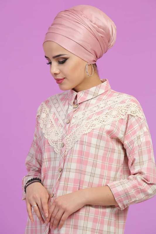 Düz Orta Kadın Pembe Dantel Detay Tunik Pembe - 02 6825 - 6825 PEMBE