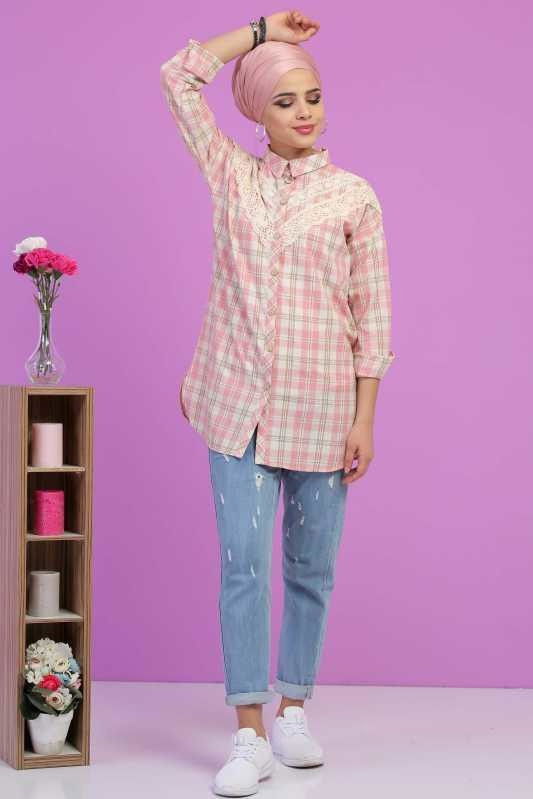 Düz Orta Kadın Pembe Dantel Detay Tunik Pembe - 02 6825 - 6825 PEMBE