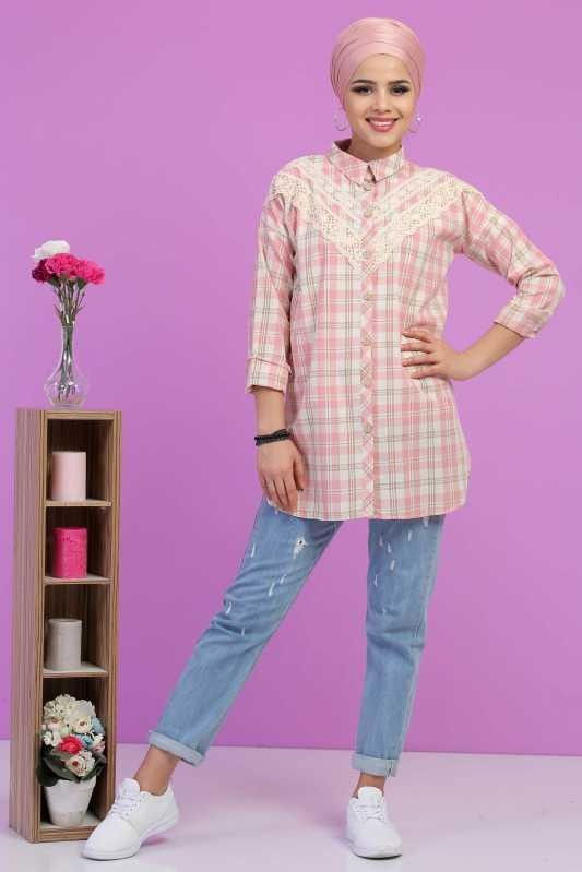 Düz Orta Kadın Pembe Dantel Detay Tunik Pembe - 02 6825 - 6825 PEMBE