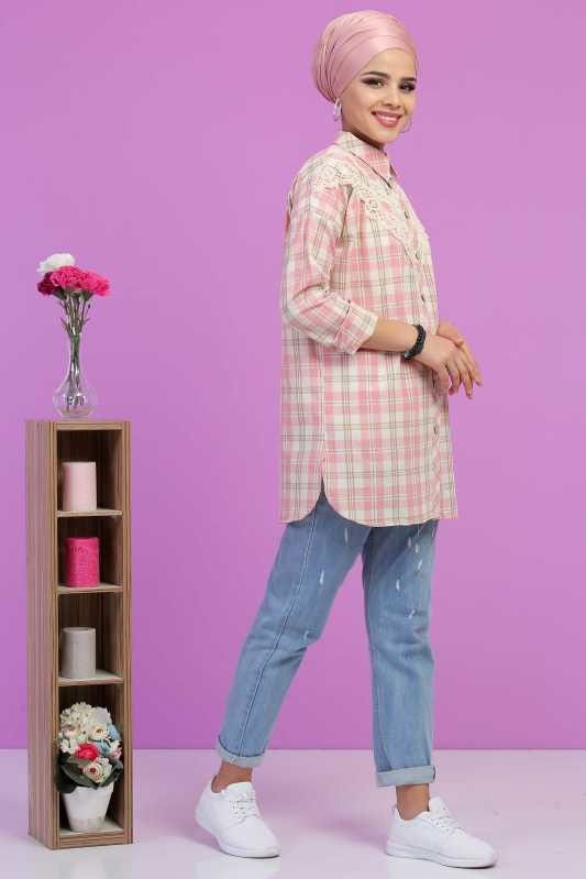 Düz Orta Kadın Pembe Dantel Detay Tunik Pembe - 02 6825 - 6825 PEMBE