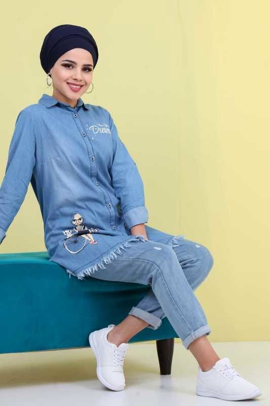Düz Orta Kadın Mavi Püsküllü Kot Tunik Mavi - 02 6827 - 6827 MAVİ