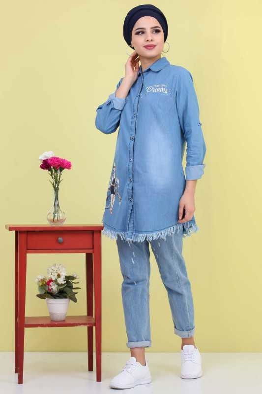 Düz Orta Kadın Mavi Püsküllü Kot Tunik Mavi - 02 6827 - 6827 MAVİ