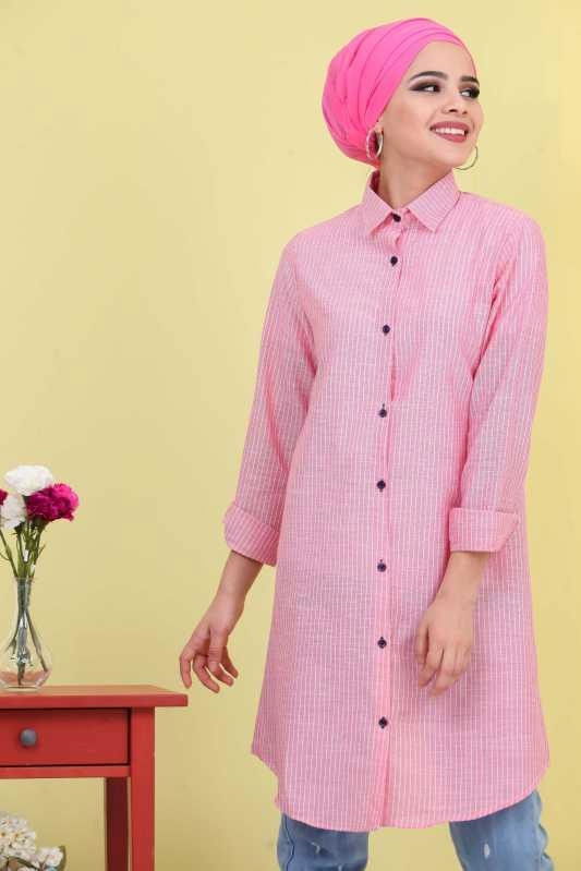 Düz Orta Kadın Pembe Çizgili Tunik Pembe  - 6832 PEMBE