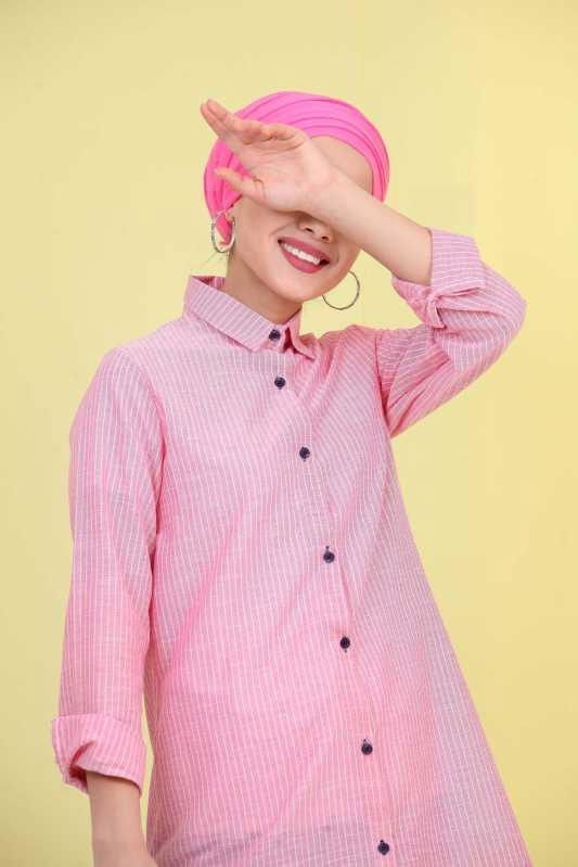 Düz Orta Kadın Pembe Çizgili Tunik Pembe  - 6832 PEMBE