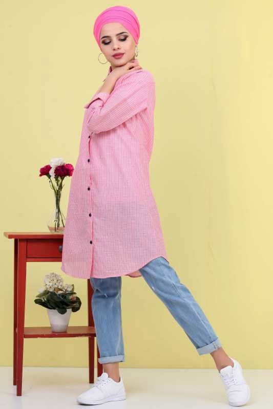 Düz Orta Kadın Pembe Çizgili Tunik Pembe  - 6832 PEMBE