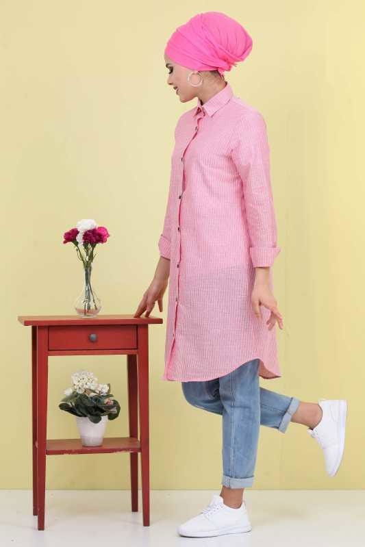 Düz Orta Kadın Pembe Çizgili Tunik Pembe  - 6832 PEMBE