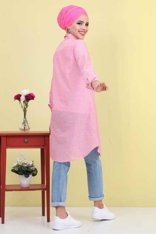 Düz Orta Kadın Pembe Çizgili Tunik Pembe  - 6832 PEMBE