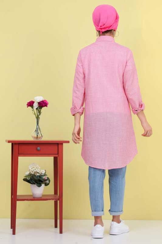 Düz Orta Kadın Pembe Çizgili Tunik Pembe  - 6832 PEMBE