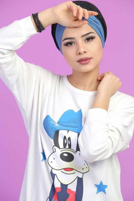 Düz Orta Kadın Beyaz Baskılı Tunik Siyah  - 6834 BEYAZ