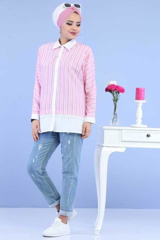 Düz Orta Kadın Pembe Çizgili Tunik Yeşil  - 6836 PEMBE