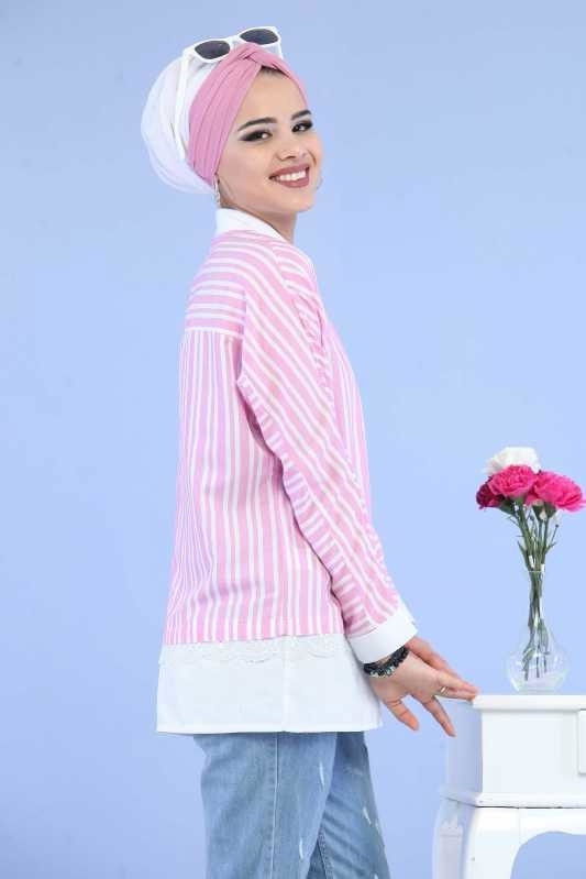 Düz Orta Kadın Pembe Çizgili Tunik Yeşil  - 6836 PEMBE