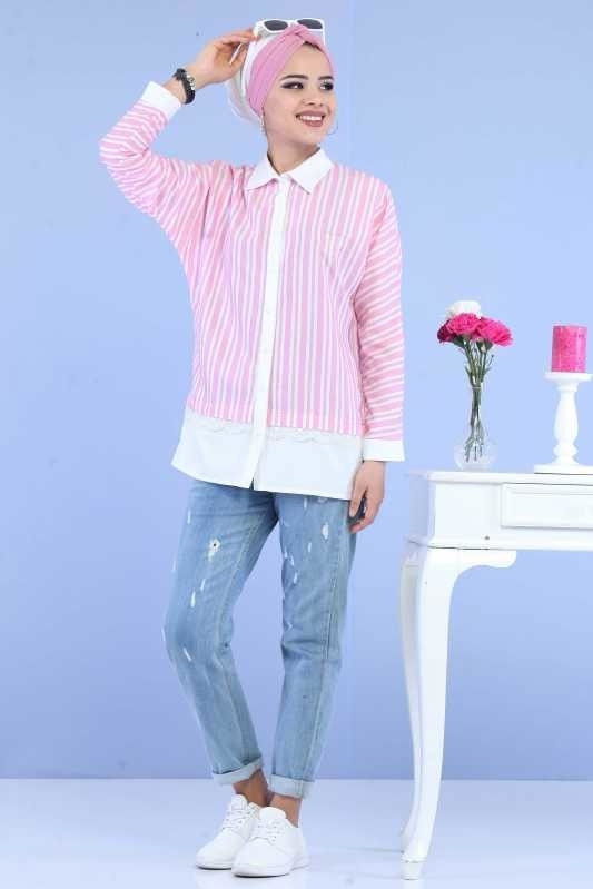 Düz Orta Kadın Pembe Çizgili Tunik Yeşil  - 6836 PEMBE