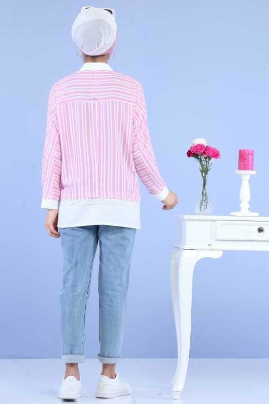 Düz Orta Kadın Pembe Çizgili Tunik Yeşil  - 6836 PEMBE