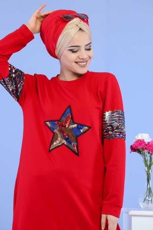 Düz Orta Kadın Bordo Pul Detay Tunik Siyah  - 6838 BORDO