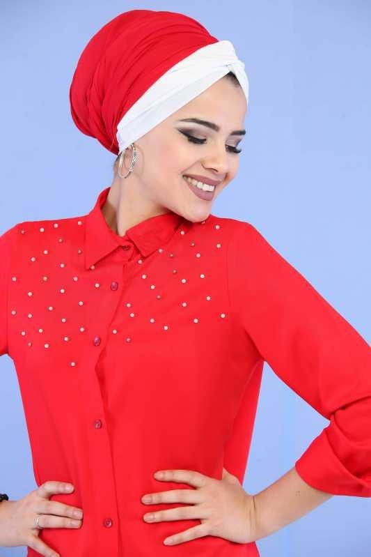 Düz Orta Kadın Kırmızı Droplu Tunik Siyah  - 6841 Kırmızı