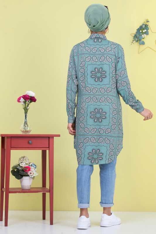 Düz Orta Kadın Yeşil Desenli Tunik Beyaz  - 6842 YEŞİL