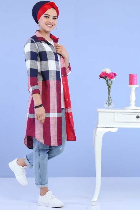 Düz Orta Kadın Bordo Ekose Tunik Ekru  - 6843 BORDO
