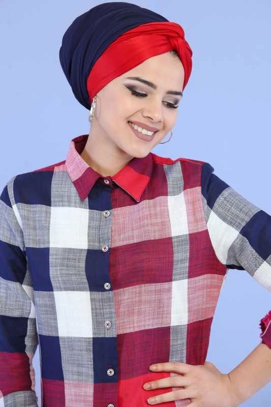 Düz Orta Kadın Bordo Ekose Tunik Ekru  - 6843 BORDO
