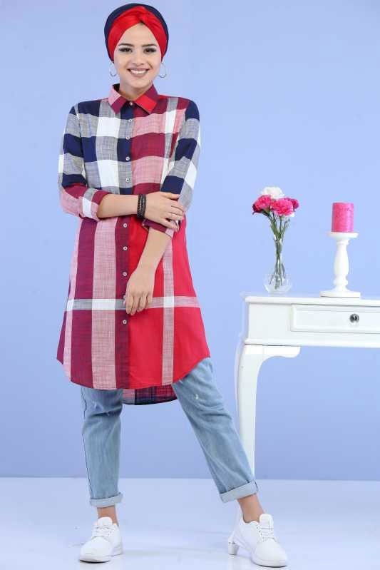 Düz Orta Kadın Bordo Ekose Tunik Ekru  - 6843 BORDO