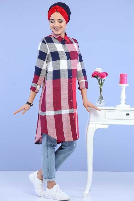 Düz Orta Kadın Bordo Ekose Tunik Ekru  - 6843 BORDO