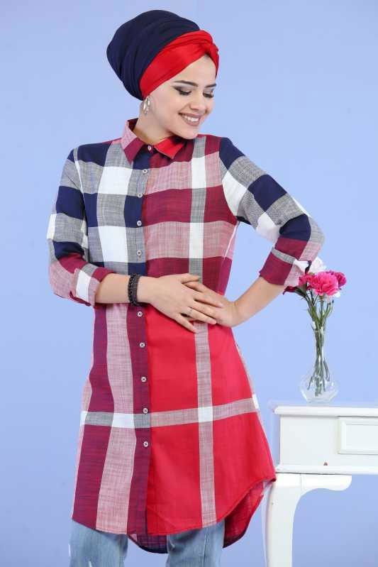 Düz Orta Kadın Bordo Ekose Tunik Ekru  - 6843 BORDO