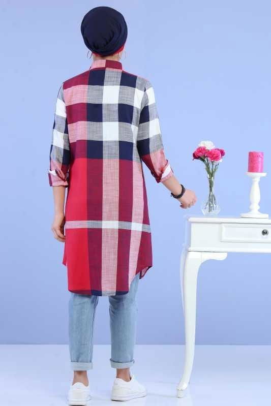 Düz Orta Kadın Bordo Ekose Tunik Ekru  - 6843 BORDO
