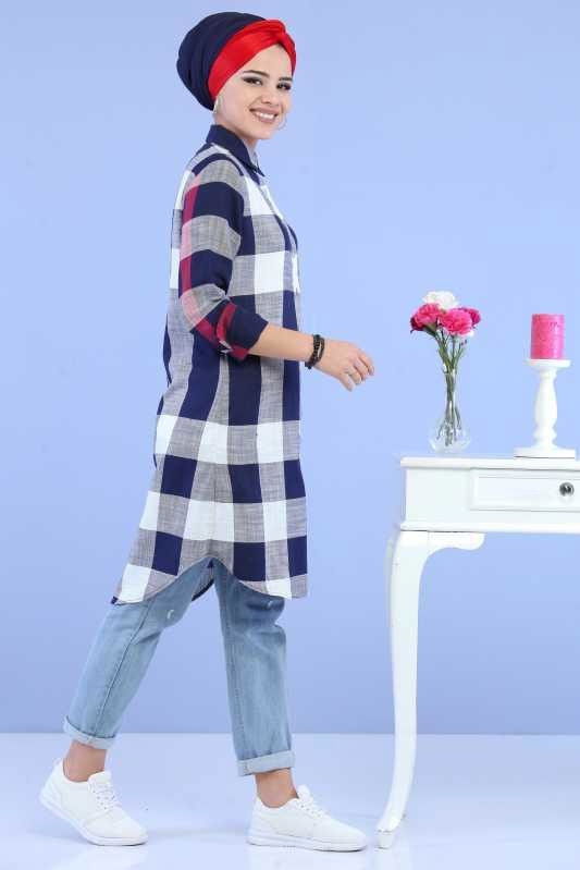 Düz Orta Kadın Lacivert Ekose Tunik Ekru  - 6843 LACİVERT