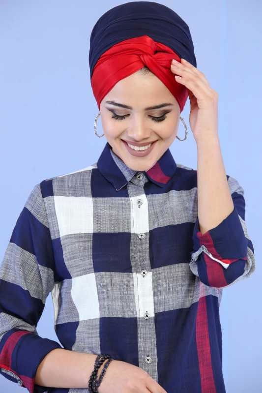 Düz Orta Kadın Lacivert Ekose Tunik Ekru  - 6843 LACİVERT