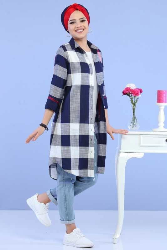 Düz Orta Kadın Lacivert Ekose Tunik Ekru  - 6843 LACİVERT