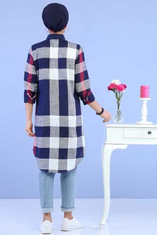 Düz Orta Kadın Lacivert Ekose Tunik Ekru  - 6843 LACİVERT