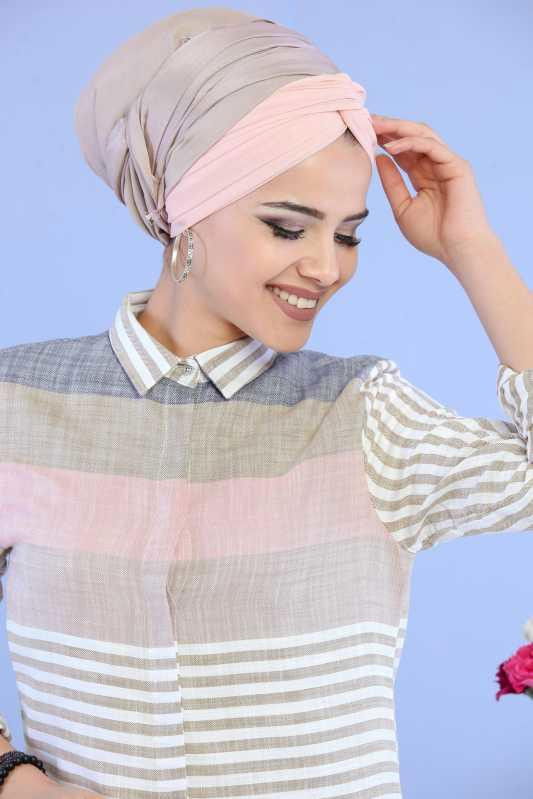 Düz Orta Kadın Vizon Çizgili Tunik Lacivert  - 6845
