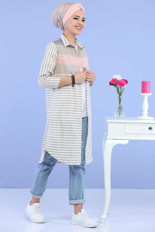 Düz Orta Kadın Vizon Çizgili Tunik Lacivert  - 6845
