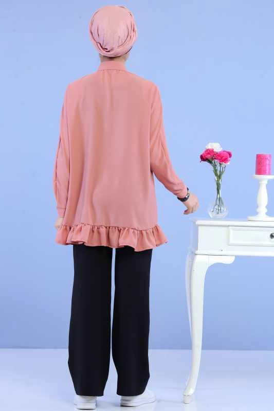Düz Orta Kadın Pembe Fırfırlı Tunik Siyah  - 6846
