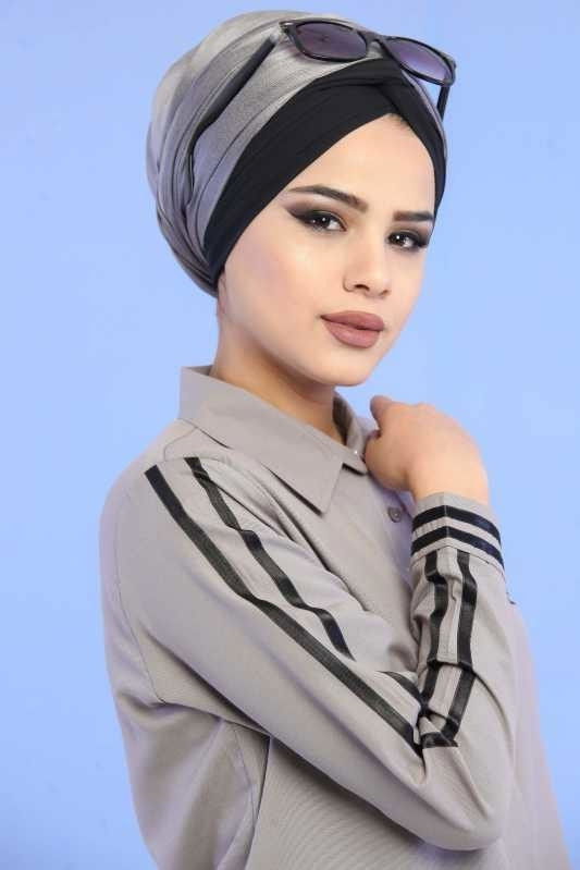 Düz Orta Kadın Gri Şeritli Tunik Siyah  - 6818