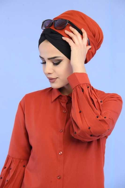 Düz Orta Kadın Kiremit Droplu Dügme Detay Tunik Vizon  - 6858