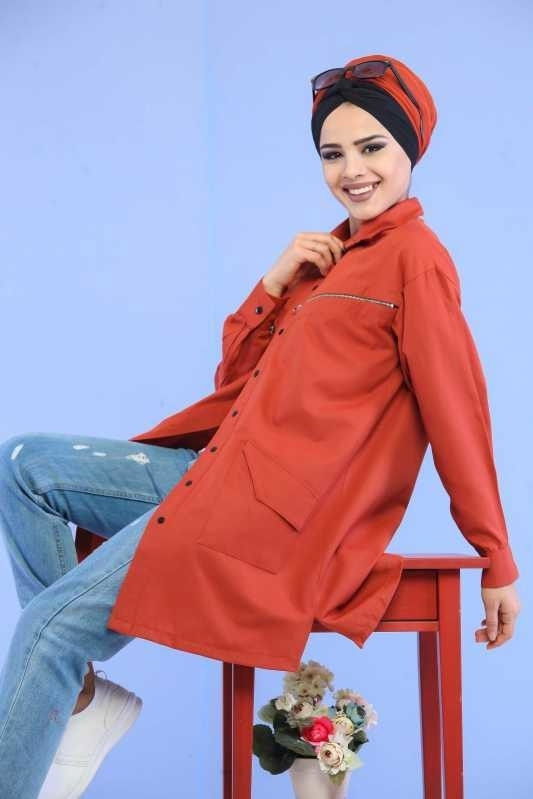 Düz Orta Kadın Kiremit Cepli Tunik Siyah  - 6851 KİREMİT