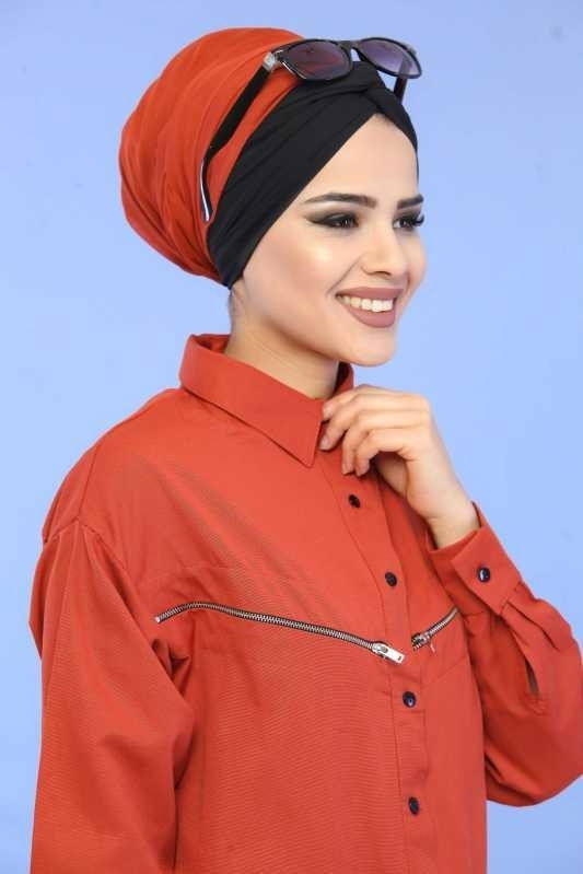 Düz Orta Kadın Kiremit Cepli Tunik Siyah  - 6851 KİREMİT