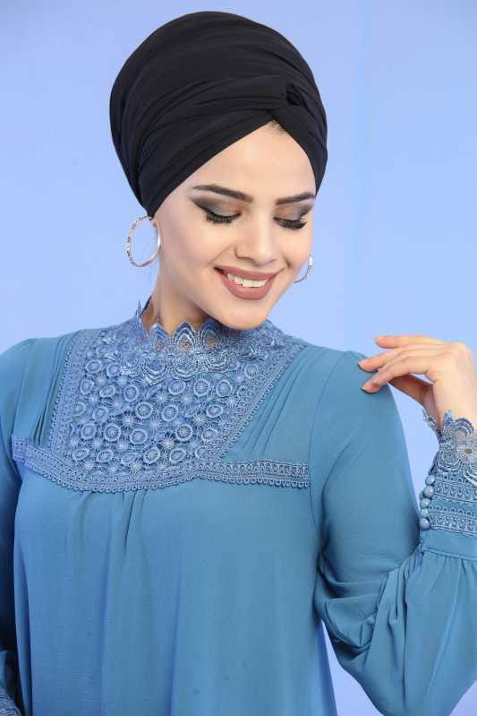 Düz Orta Kadın Mavi Dantel Detay Tunik Vizon  - 6848
