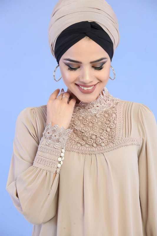 Düz Orta Kadın Vizon Dantel Detay Tunik Vizon  - 6848 VİZON